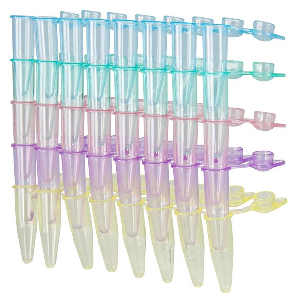 Globe Scientific QuickSnap 0.2mL 8-Strip Tubes, with Individually-Attached Dome Caps, Assorted Colors, 120PK PCR-QS-02D-RW - main